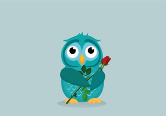 Cute blue owlet waiting to give a  of flower red rose as a gift for Valentine's Day. Greeting card. Empty space for your text or advertisement. Vector illustration on a grey backgroun