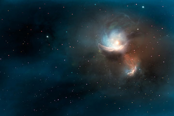 Space scene. Blue silent nebula with orange core. Elements furnished by NASA