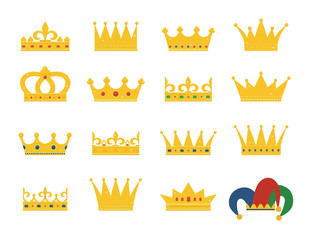 Set of gold crowns and jester's hat. Collection of crown awards for winners, champions, leadership. Vector isolated elements for logo, label, game, hotel, an app design. 
