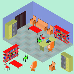 Isometric work place with set of objects: table, computer; bookshelves, armchair, sofa, folder, file, books in vector