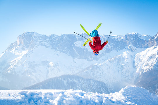 Man performing a Backflip Ski Jump, Salzburg, Austria