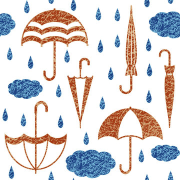 Umbrellas with clouds and raindrops vector seamless pattern background 1.