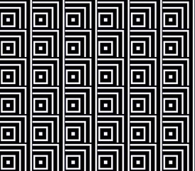 Abstract seamless black and white lines and squares and cubes are laid in rows to form a continuous pattern