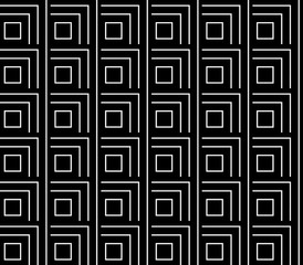 Abstract seamless black and white lines and squares and cubes are laid in rows to form a continuous pattern