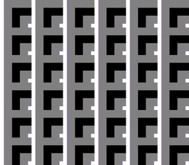 Abstract seamless black and white and gray lines and squares and cubes are laid in rows to form a continuous pattern
