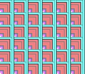 Abstract seamless white and red, blue and green lines and squares and cubes are laid in rows to form a continuous pattern