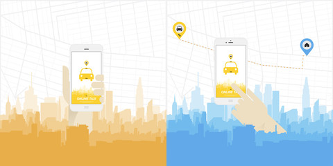 Online Taxi and smartphone in the hand on city background. Flat vector illustration EPS 10. © vadish