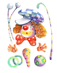 Clown illustration. Figure executed in watercolor and pencil, card.