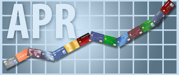 The rising annual percentage rate (APR) is illustrated with credit cards in a row going up on an APR chart.