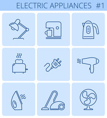 Domestic electric appliances outline icons: iron, oven, vacuum, cleaner. Vector thin line kitchen, household symbol and sign set. Isolated infographic elements for web, presentations, social networks.