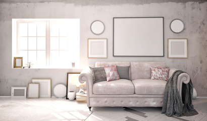 3d illustration, interior with  velvet sofa.