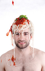 Funny man with spaghetti on head, white background