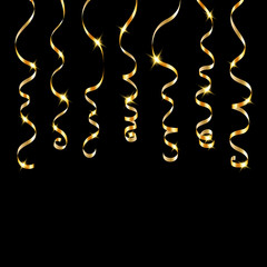 Gold curly ribbons. Golden serpentine on black background. Colorful streamers. Design decoration party, birthday, Christmas, New Year celebration, anniversary, carnival Vector illustration