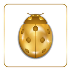 Ladybug gold insect small icon. Golden lady bug animal sign, isolated on white background. 3d volume design. Cute jewelry ladybird design. Cartoon lady bird closeup beetle. Vector illustration