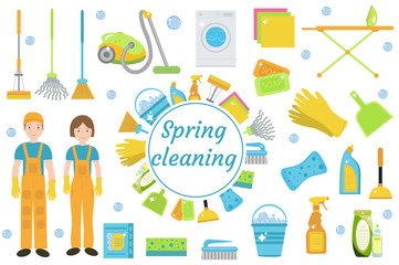 Spring Cleaning icons, flat style. Housekeeping frame with tools isolated on white background. Vector illustration