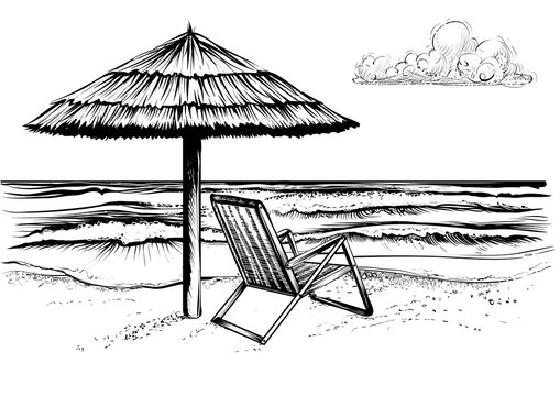 Ocean or sea beach with umbrella and chaise longue.
