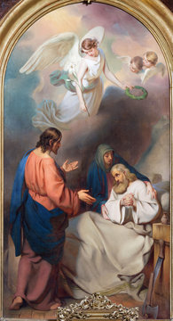 VIENNA, AUSTRIA - DECEMBER 19, 2016: The painting of Death of St. Joseph in church kirche St. Laurenz (Schottenfelder Kirche) by Carl Johann Nepomuk Hemerlein (1807 - 1884).