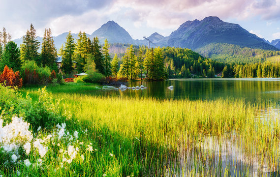 Majestic mountain lake in National Park High Tatra. Strbske ples