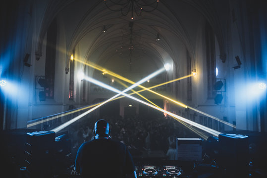 DJ booth at a house party in a church