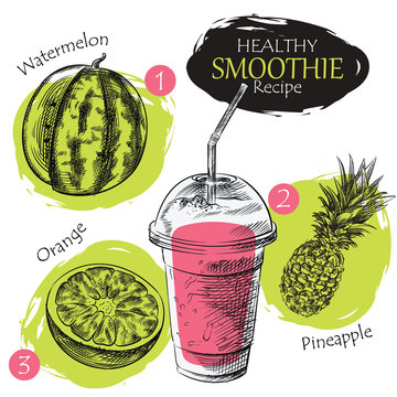 Hand Drawn Smoothie Recipe Isolated On White Background. Watermelon, Pineapple, Orange Smoothie Sketch Elements. Eco Healthy Ingredients Vector Illustration. Great For Poster, Banner, Voucher, Coupon.