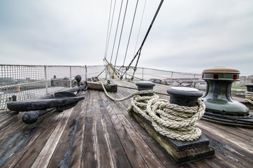 Old woodden sail ship, deck view.
