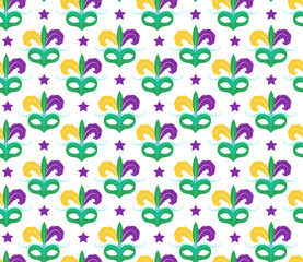 Mardi Gras seamless pattern with carnival mask. Masquerade background, texture, paper. Vector illustration