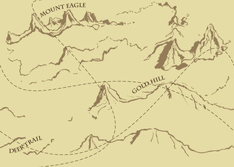 Aged fantasy vintage pattern with historic fable map. Hand drawn fairytale historic treasure map. Seamless background, vector.