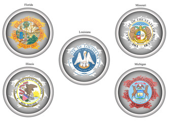 Set of icons. States of USA seals. Vector. 3D.