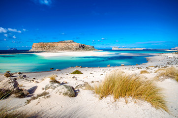 Amazing panorama of Balos Lagoon with magical turquoise waters, lagoons, tropical beaches of pure...
