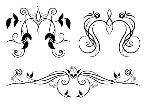 Set of black and white floral ornament for design. Tattoo floral ornament.