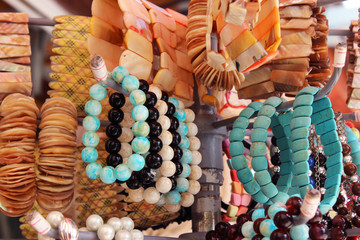 jewelry on the market, colorful beads and bracelets