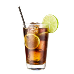 Cocktail cola soda drink with lime slice on white background