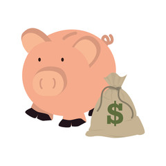 moneybox in shape of pig with bag and dollar symbol vector illustration