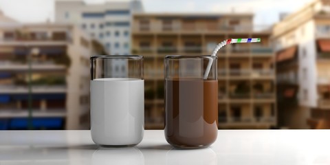 Glasses of milk and choco milk. 3d illustration