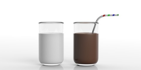Glasses of milk and choco milk. 3d illustration