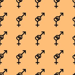 Seamless pattern. Female and male romantic collection. Female and male small black heart signs same sizes. Pattern on orange background. Gender icons. Vector illustration