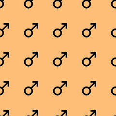 Seamless pattern with black male symbols. Male signs same sizes. Pattern on orange background. Vector illustration