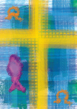 Yellow cross on blue background, christian religious abstract artistic illustration