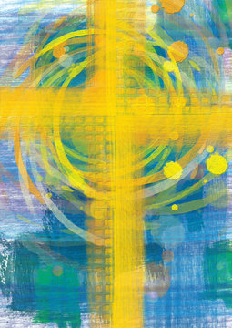 Yellow cross on blue background, christian religious abstract artistic background
