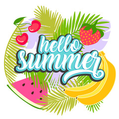 Tropical fruit background with leaves. Hello summer typographic vector illustration.