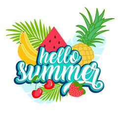 Tropical fruit background with leaves. Hello summer typographic vector illustration.