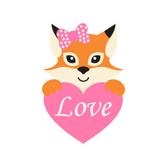 cartoon fox with heart pink vector