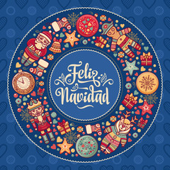 Feliz navidad. Xmas card on Spanish language. Warm wishes for happy holidays 