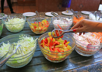 Sorted fresh salads displayed on a buffet in restaurant