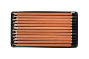 New wooden pencils in metal box tin isolated