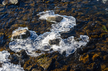 Frozen river flowing quickly between sheets of ice