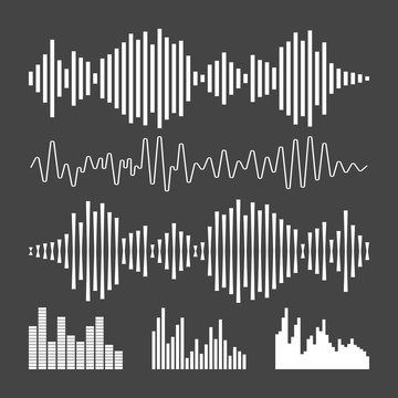 Vector sound waveforms icon. Sound waves and musical pulse vector illustration on black background.