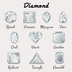 Set of different types of cuts of precious stone Diamond in realistic shapes in white color with silver edging. Vector illustration