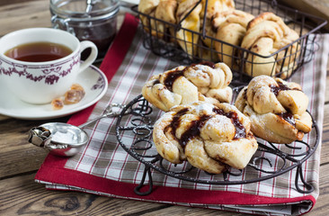 Homemade yeasted buns with jam. Selective focus