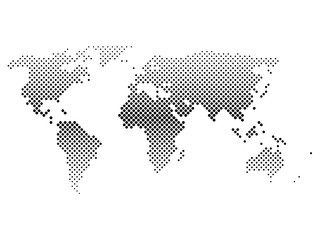 Black halftone world map of small dots in diagonal arrangement. Bilinear horizontal gradient. Simple flat vector illustration on white background.
